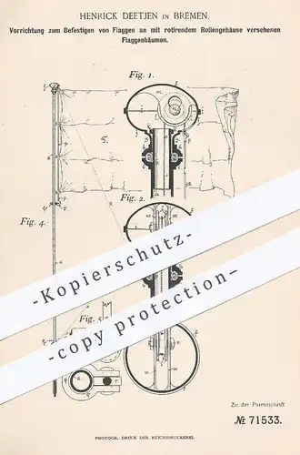 original Patent - Henrick Deetjen , Bremen , 1892 , Befestigen von Flaggen an Flaggenbaum | Flagge , Fahne , Fahnen !!