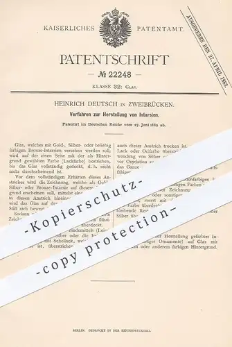 original Patent - Heinrich Deutsch , Zweibrücken , 1882 , Herstellung von Intarsien | Glas , Gold , Silber , Bronze !!!