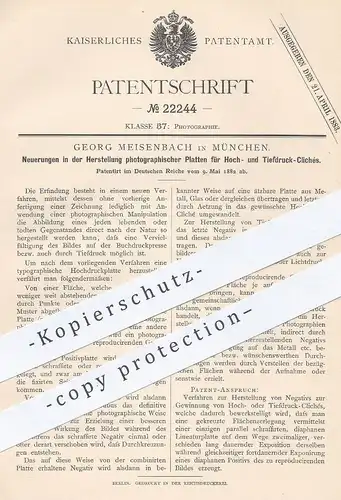 original Patent - Georg Meisenbach , München , 1882 , photograph. Platten für Hoch- u. Tiefdruck - Clichés | Fotograf !