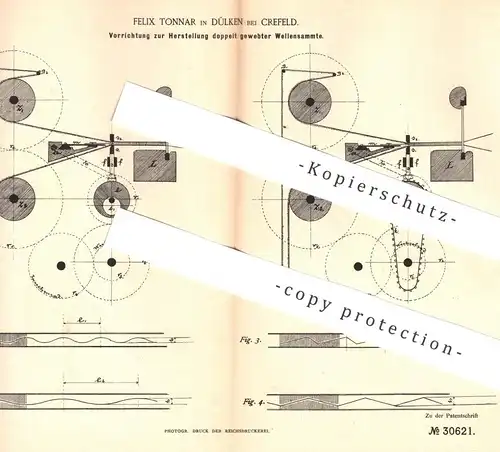 original Patent - Felix Tonnar , Krefeld / Dülken , 1884 , Herstellung doppelt gewebter Wellensamte | Samt - Gewebe !!