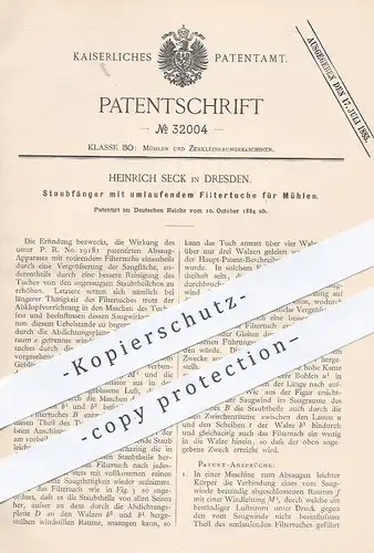 original Patent - Heinrich Seck , Dresden , 1884 , Staubfänger mit umlaufendem Filtertuch für Mühlen | Mühle , Müller !