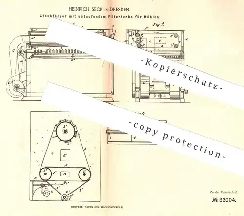 original Patent - Heinrich Seck , Dresden , 1884 , Staubfänger mit umlaufendem Filtertuch für Mühlen | Mühle , Müller !