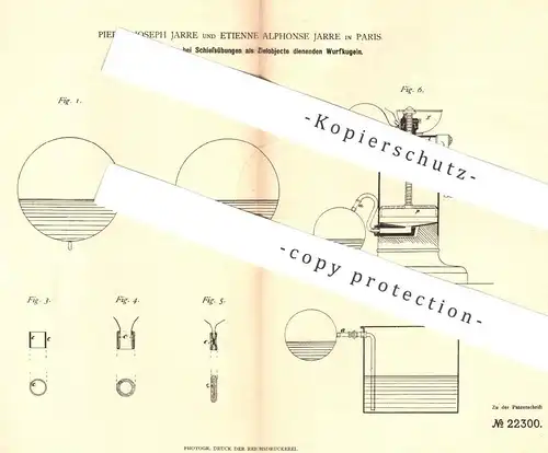 original Patent - Pierre Joseph & Etienne Alphonse Jarre , Paris , Frankreich , 1882 , Wurfkugeln zum Schießen | Sport