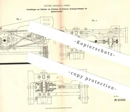 original Patent - Victor Lenoir , Paris , Frankreich , 1882 , Selfaktor mit verschiedenen Drehungsrichtungen | Spinnen !