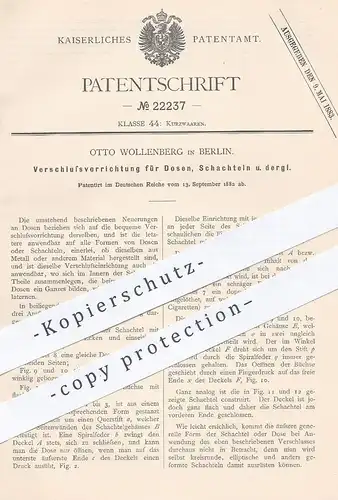 original Patent - Otto Wollenberg , Berlin , 1882 , Verschluss für Dosen , Schachteln aus Metall , Blech oder Papier !!