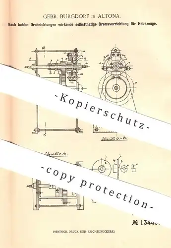 original Patent - Gebr. Burgdorf , Hamburg / Altona , 1901 , selbsttätige Bremse für Hebezeuge | Aufzug | Bremsen !!