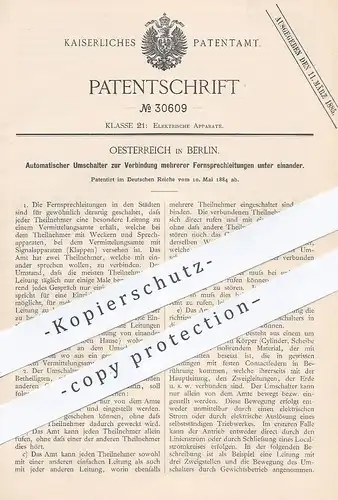 original Patent - Oesterreich , Berlin , 1884 , Umschalter für Fernsprechleitungen | Fernsprecher , Telefon , Telefonie