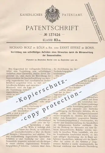 original Patent - Richard Holz , Köln | Ernst Efferz , Bonn , 1901 , Aufziehen von Uhrwerk durch Sonne | Uhrmacher , Uhr