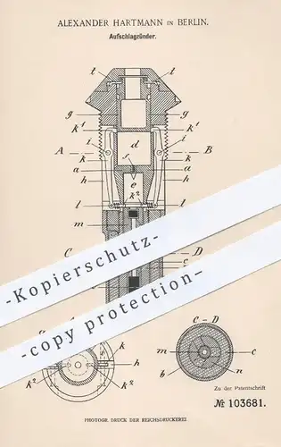 original Patent - Alexander Hartmann , Berlin , 1898 , Aufschlagzünder | Zünder | Waffen , Pistole , Revolver , Gewehr !