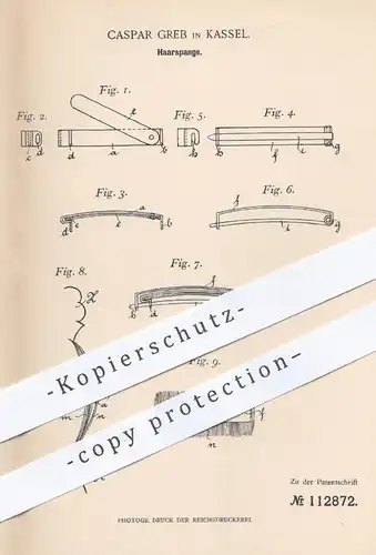 original Patent - Caspar Greb , Kassel , 1899 , Haarspange | Spange , Haar , Haare , Zopf , Frisur , Friseur !!!