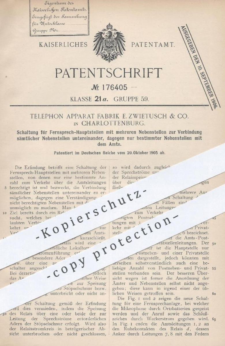 original Patent Telephon Apparat Fabrik E. Zwietusch & Co. , Berlin