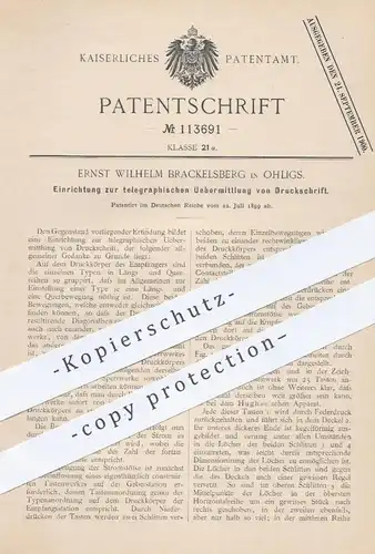 original Patent - Ernst Wilhelm Brackelsberg , Ohligs , 1899 , telegraphische Übermittlung von Druckschrift | Telegraph