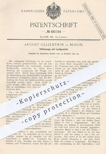 original Patent - August Gellenthin , Berlin , 1891 , Tafelwaage mit Laufgewicht | Waage , Waagen , Wiegen , Gewicht !!
