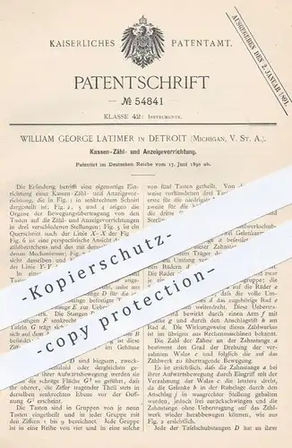 original Patent - William George Latimer , Detroit , Michigan , USA , 1890 , Anzeige an Kassen | Kasse , Geld , Münzen !