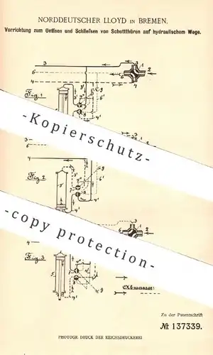 original Patent - Norddeutscher Lloyd , Bremen , 1901 , Öffnen u. Schließen von Schotttüren per Hydraulik | Tür , Türen