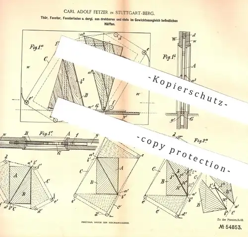 original Patent - Carl Adolf Fetzer , Stuttgart / Berg , 1890 , Tür , Fenster , Fensterladen | Fensterbauer , Tischler !
