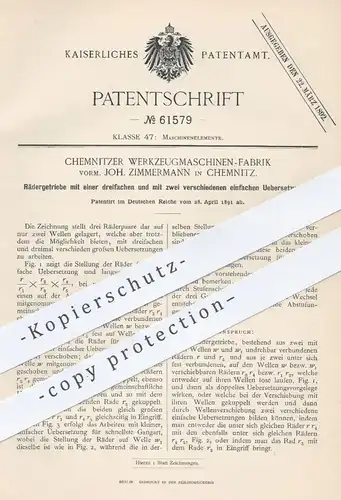 original Patent - Werkzeugmaschinen Fabrik , vorm. J. Zimmermann , Chemnitz , 1891 , Rädergetriebe | Getriebe !!