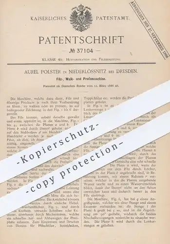 original Patent - Aurel Polster , Dresden / Niederlössnitz 1886 , Maschine zum Filzen , Pressen , Walken | Presse , Filz