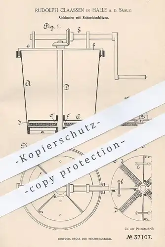 original Patent - Rudolph Claassen , Halle / Saale , 1886 , Siebboden mit Schneidschlitzen | Sieb , Mühle , Mühlen !!