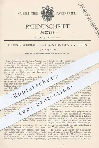 original Patent - Theodor Kommerell , Edwin Edwards , München , 1886 , Spülapparat | Spülkasten , Spülung , WC  Toilette