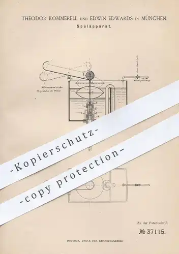 original Patent - Theodor Kommerell , Edwin Edwards , München , 1886 , Spülapparat | Spülkasten , Spülung , WC  Toilette