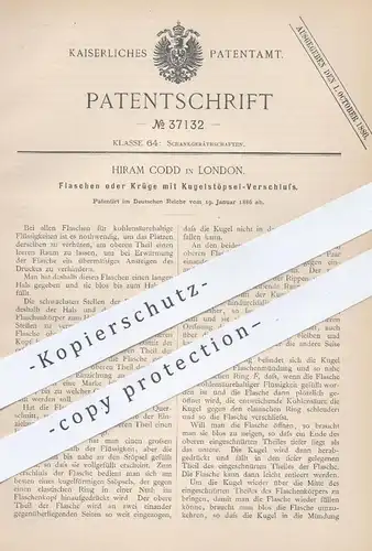 original Patent - Hiram Codd , London , 1886 , Flaschen o. Krüge mit Kugelstöpsel - Verschluss | Flasche , Krug !!!