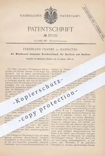 original Patent - Ferdinand Franke , Hannover , 1886 , Als Windkessel dienender Druckschlauch für Spritzen u. Gebläse