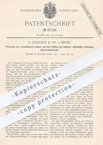 original Patent - G. Goliasch & Co. Berlin , 1886 , Feuerzeug kombiniert mit Zigarrenabschneider | Feuer , Zigaretten !!