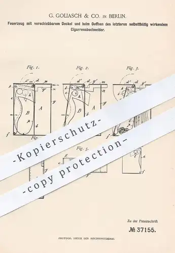 original Patent - G. Goliasch & Co. Berlin , 1886 , Feuerzeug kombiniert mit Zigarrenabschneider | Feuer , Zigaretten !!