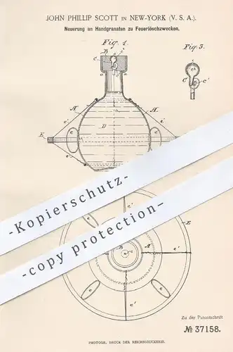 original Patent - John Phillip Scott , New York , USA , 1885 , Handgranate für Feuerlöschzwecke | Granate | Feuerlöscher