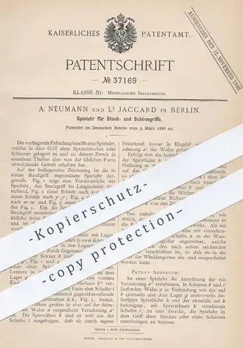 original Patent - A. Neumann und Ls Jaccard , Berlin , 1886 , Spieluhr für Griff am Stock o. Schirm | Regenschirm , Uhr