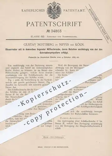 original Patent - Gustav Nottberg , Köln / Nippes , 1885 , Steuerruder mit Hilfsschraube | Schiffsschraube , Schiff !!!