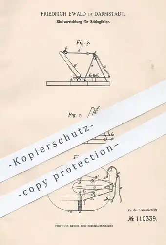 original Patent - Friedrich Ewald , Darmstadt , 1899 , Stellvorrichtung für Schlagfalle | Tier - Falle , Jäger , Förster