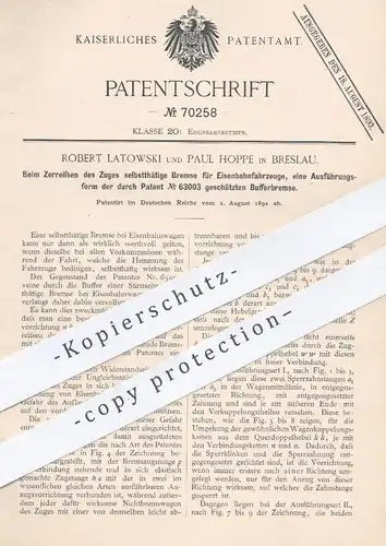 original Patent - Robert Latowski , Paul Hoppe , Breslau , 1892 , Bremse für Eisenbahnen | Bufferbremse , Eisenbahn !!