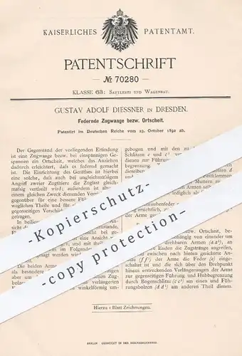 original Patent - Gustav Adolf Diessner , Dresden , 1892 , Federnde Zugwaage , Ortscheit | Waage , Zuglast , Wagenbau !!