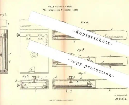 original Patent - Willy Giesse , Kassel , 1888 , Photogr. Wechselkassette | Fotografie , Fotograf , Foto - Kamera !!!