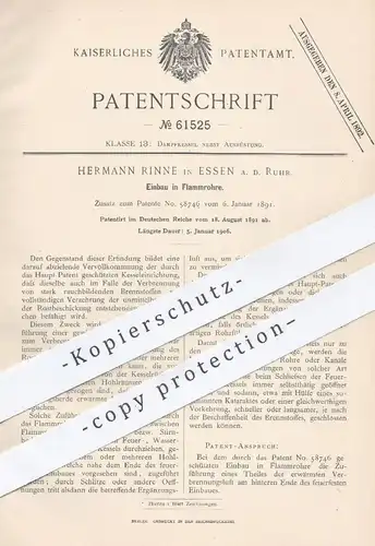 original Patent - Hermann Rinne , Essen / Ruhr , 1891 , Einbau in Flammrohre | Dampfkessel - Rohr | Kessel , Rohre !!