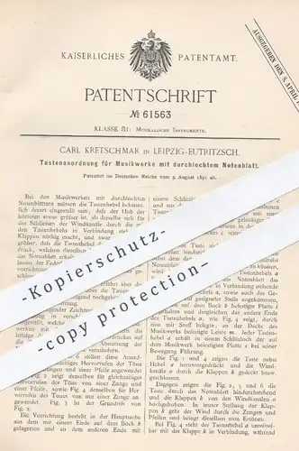 original Patent - Carl Kretschmar , Leipzig / Eutritzsch 1891 , Tastenanordnung für Musikwerke | Musikinstrument , Musik