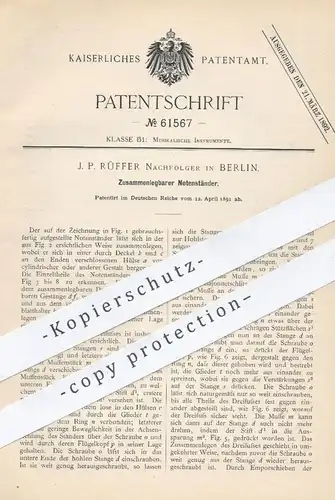 original Patent - J. P. Rüffer Nachfolger , Berlin , 1891 , Zusammenlegbarer Notenständer | Notenblätter , Musik , Noten