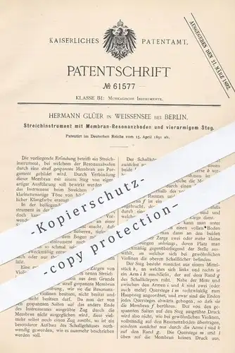 original Patent - Hermann Glüer , Berlin / Weissensee , 1891 , Streichinstrument mit Membran - Resonanzboden | Musik !!