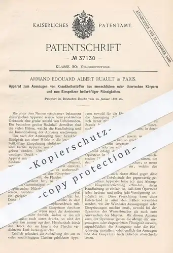 original Patent - Armand Edouard Albert Ruault , Paris  1886 , Sauger für Chirurg , Arzt , Medizin | Aspirator , Spritze