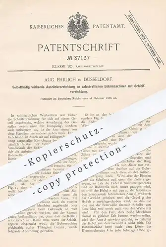 original Patent - Aug. Ehrlich , Düsseldorf , 1886 , Ausrück- u. Schleifvorrichtung an Zahn - Bohrmaschine | Zahnarzt !