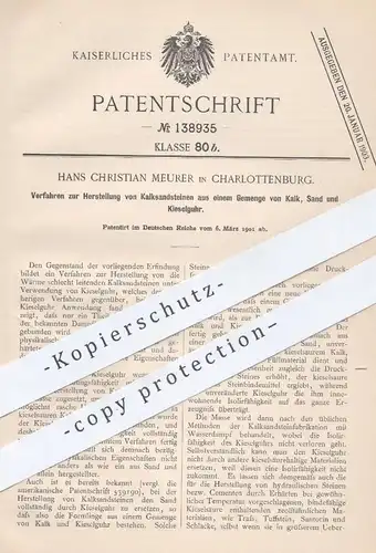 original Patent - Hans Christian Meurer , Berlin / Charlottenburg , 1901 , Kalksandstein aus Gemenge von Kalk , Sand