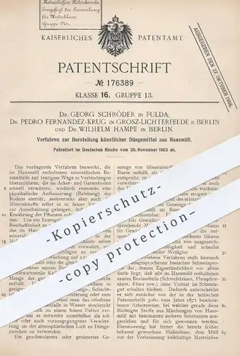 original Patent - Dr. Georg Schröder , Fulda | Dr. Pedro Fernandez Krug | Dr. Wilh. Hampe , Berlin | künstl. Düngemittel