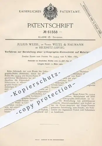 original Patent - Julius Wezel / Wezel & Naumann , Leipzig / Reudnitz , 1891 , Lithographie - Steinschicht auf Metall