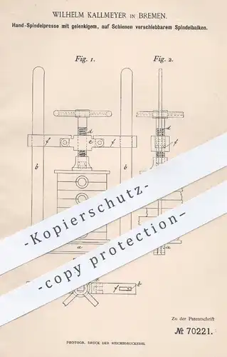 original Patent - Wilhelm Kallmeyer , Bremen , 1893 , Hand - Spindelpresse | Presse , Pressen , Spindel , Spindelbalken