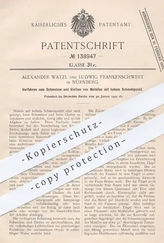 original Patent - Alex. Watzl , Ludwig Frankenschwert , Nürnberg , 1902 , Schmelzen u. Gießen von Metall | Guss , Eisen