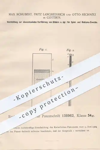 original Patent - Max Schubert , Fritz Langheinrich , Otto Rechnitz , Cottbus  1901 , laufende Bilder f. Reklame Werbung