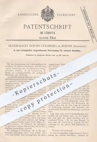 original Patent - Aktiebolaget Bofors Gullspang , Bofors , Schweden , 1902 , Pulverladung für Geschütz | Gewehr , Waffen