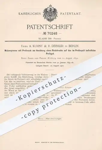 original Patent - A. Kuhnt & R. Deissler , Berlin , 1893 , Walzenpresse | Walzen - Presse , Pressen , Druckpresse !!!